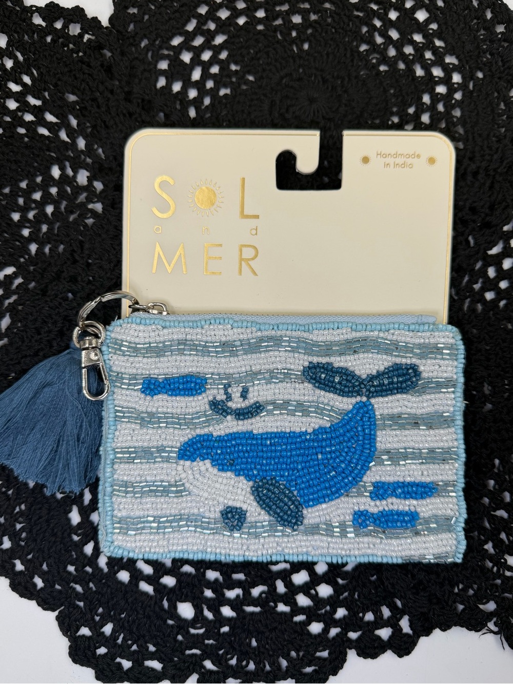 sol & mer beaded whale coin pouch tassel keychain coastal ocean